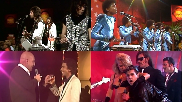 Momente aus 12 Jahren Fernsehkult (v.l.n.r): Manfred Mann's Earth Band, The Jacksons, Telly Savalas (samt Cognacglas) und Frankie Goes To Hollywood