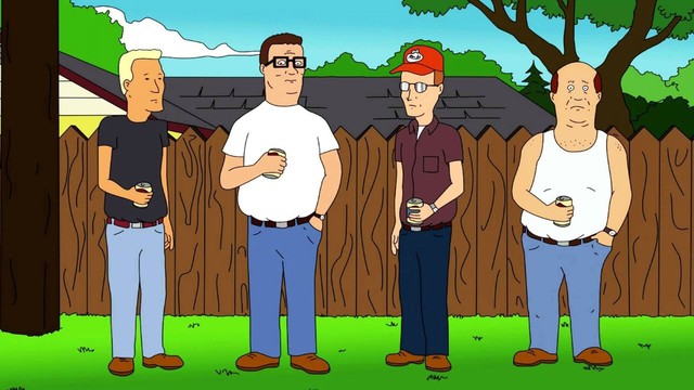 Hank Hill mit seinen Kumpels Boomhauer, Dale und Bill